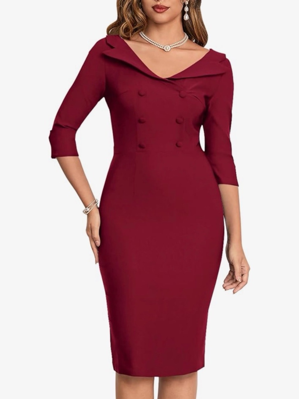 Classic Burgundy Midi Sheath Dress with Notch Collar